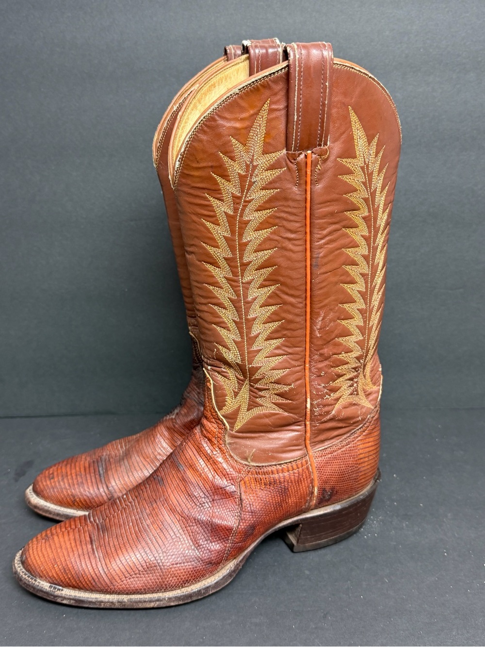 Vintage Tony Lama Men's Brown Lizard Cowboy Boots US Black Label Size 8.5 D